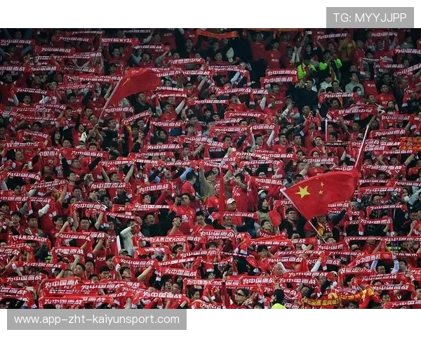 国足球迷助威现场氛围热烈，国足助威球衣